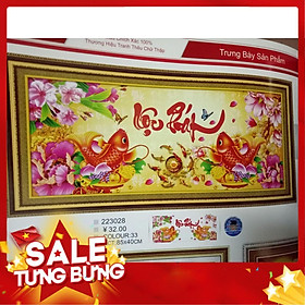 Tranh thêu chữ thập thư pháp lộc phát cá chép hoa mẫu đơn KT 85x40cm