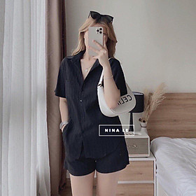 Bộ đũi sóng nhăn áo sơ mi xẻ tà sau lưng thắt dây nơ kèm quần short mẫu mới