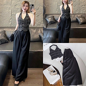 SET ÁO CROPTOP DÂY YẾM VẢI DẠ + QUẦN DÀI ỐNG RỘNG LƯNG CAO SUÔNG ĐỨNG ĐẦM MIDI MAXI ĐI TIỆC ĐI CHƠI DẠO PHỐ ĐI BIỂN