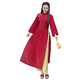 Áo Dài Tơ Ánh Đỏ Hoa Văn Cao Cấp – Thanh Lịch & Nổi Bật - Áo đỏ quần vàng