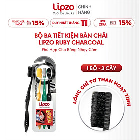 Bộ Ba Tiết Kiệm Bàn Chải Đánh Răng Lipzo Ruby Charcoal Cho Răng Nhạy Cảm Công Nghệ Chỉ Tơ Than Hoạt Tính Kháng Khuẩn