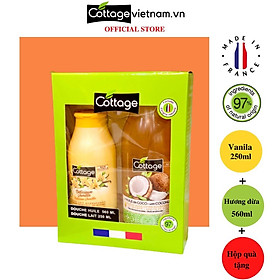 Combo Hộp Quà Tặng 2 Món sữa tắm Dưỡng ẩm Cottage 250ml Hương Vani và 560ml Hương dừa