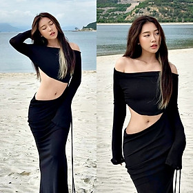 ĐẦM ĐEN DÀI MIDI ÔM BODY TRỄ VAI KHOÉT EO SUÔNG TRƠN MAXI ĐI TIỆC ĐI CHƠI DẠO PHỐ ĐI BIỂN