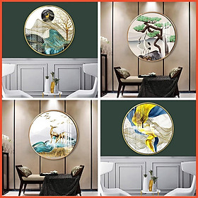 Tranh tròn tráng gương phong thủy hươu vàng dưới trăng decor cầu thang phòng khách - Tranh treo tường cao cấp tặng đinh