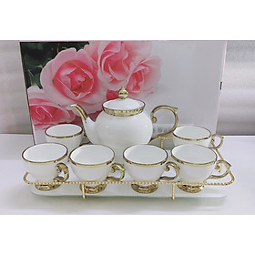 Mua BỘ ẤM CHÉN KÈM KHAY SỨ CAMELIA  TRẮNG VIỀN VÀNG KHUNG KIM LOẠI SANG TRỌNG LCICJ SỰ - ANTH409