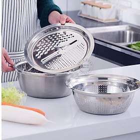 CHẬU RỔ NẠO RAU CỦ INOX 3 chi tiết KÈM CHẬU RỔ