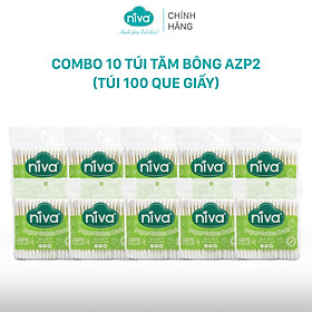 Combo 10 Tăm Bông Niva Túi 100 Que Thân Giấy AZP2 Đa Năng Chuyên Dùng Ngoáy Tai, Vệ Sinh, Trang Điểm, Thân Thiện Môi Trường