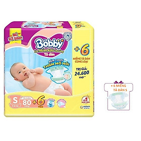 Tã Dán Bobby Điệm Thun Thấm Mồ Hôi S80 (80 Miếng) + 6 Miếng Tã Dán Size S
