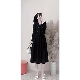 Sét đầm nữ 2 dây chân váy from xòe, kiểu dập ly sang chảnh kèm áo khoác vest lửng ngoài phối nút cho nàng công sở
