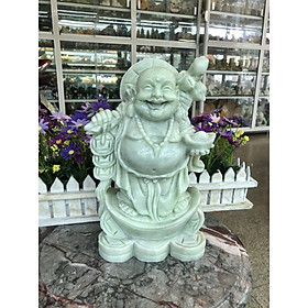 Tượng Phật Di Lặc đứng gánh đào lượng phong thủy đá cẩm thạch trắng xanh - Cao 30 cm