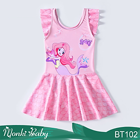 Bộ bơi bé gái họa tiết tiên cá dễ thương, áo tắm trẻ em dáng váy liền quần đùi điệu đà, chất thun bơi lạnh mịn đẹp bền chắc, co giãn cao, phom dáng đường may chuẩn | BT102