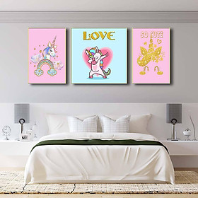 Bộ 3 tranh canvas trang trí phòng trẻ em Kỳ lân một sừng - unicorns cute - TTE002