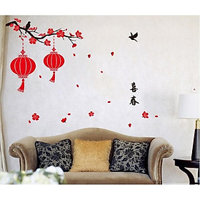 Decal trang trí tết - Cành Mai 2 lồng đèn đỏ size lớn