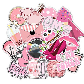 Set 30 sticker pink chủ đề màu hồng có ép lụa