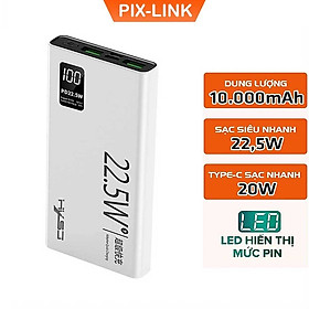 Pin Sạc Dự Phòng 10.000mAh PIX-LINK K7 - 2 Cổng sạc siêu nhanh 22.5W, Type