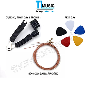 COMBO Phụ Kiện Đàn Guitar Acoustic Giá Rẻ - Dụng Cụ Thay Dây 3 Trong 1 + Bộ 6 Dây Đàn Guitar Acoustic + 5 Pick Gảy 0.51MM