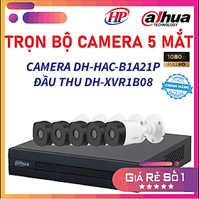 Trọn bộ 5 camera DH-HAC-B1A21P Đầu thu 4 cổng XVR1B08 đầy đủ phụ kiện