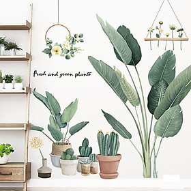 Decal dán tường chất liệu PVC loại 1 dày dặn, sắc nét, trang trí phòng khách, quán cafe- chậu cây nhiệt đới- mã sp LV04