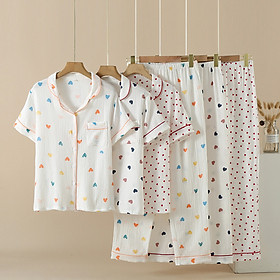 Bộ Pijama, Đồ Bộ Mặc Nhà Áo Cộc Quần Dài Chất Liệu Xô Muslin Cao Cấp