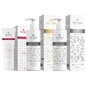 Bộ sản phẩm tắm trắng toàn diện cao cấp Truesky VIP12 gồm 1 kem ủ trắng toàn thân 200ml & 1 kem body 200ml & 1 tẩy tế bào chết 60ml