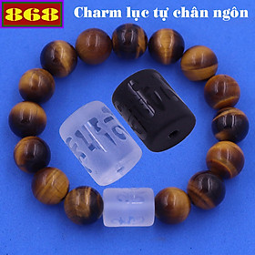 Vòng chuỗi đeo tay đá mắt hổ vàng đen charm lục tự Đại minh chân ngôn, 10 ly, Om Mani Padme Hūm, Chân ngôn Lục tự