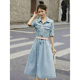 ĐẦM XÒE JEAN THÊU HOA PHỐI NÚT HỒNG KÈM NỊT