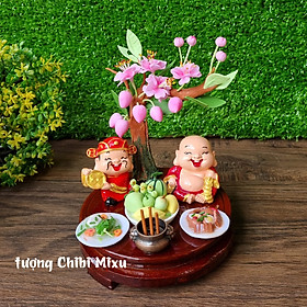 Combo Tết 449K (cặp Thần Tài - Thổ Địa 4cm + nhành đào + Ngũ Quả + Thịt kho + canh khổ qua + Lư + Đế 10cm) tặng 10 nhang