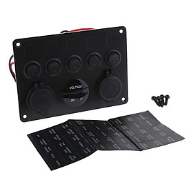 12V/24V Inline Fuse Box LED Rocker Switch Panel 5 Gang Marine Boat Rocker Switch Panel with Dual USB Charger