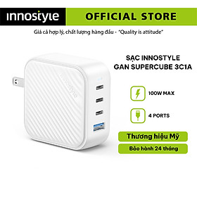 Sạc nhanh Innostyle Gan Supercube 3C1A 100W (Gồm phích cắm chuyển đổi UK/EU/AU) IC100GWHT - Thiết kế nhỏ gọn, công suất sạc cao, hàng chính hãng