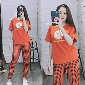 Đồ bộ dài thể thao nữ đẹp in Hoa Cúc thời trang cổ tròn, tay lỡ phối sọc ca rô, thun cotton 4 chiều co dãn cực đẹp, phom chuẩn - aloha style. Size từ 40-65kg.