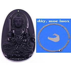 Mặt Phật Văn thù đá thạch anh đen 3.6 cm kèm móc và dây chuyền inox, Mặt Phật bản mệnh, mặt dây chuyền Phật