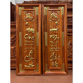Cặp tranh câu đối treo tường trạm khắc chữ cha mẹ bằng gỗ hương đỏ ,tô sơn son dát vàng cao cấp kt 37×117×3cm 