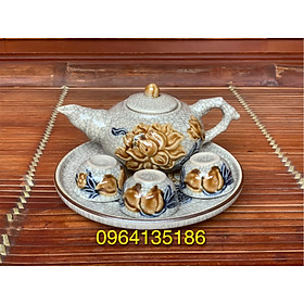 Mua Bộ trà thờ cúng men rạn đắp nổi sen thọ đào gốm sứ Bát Tràng