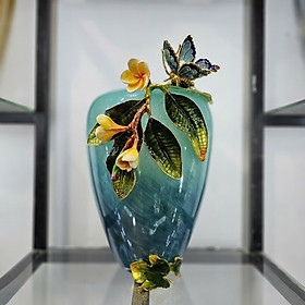 Bình cắm hoa thủy tinh tráng men màu xanh ngọc, Đính hoa bằng đồng phủ bóng