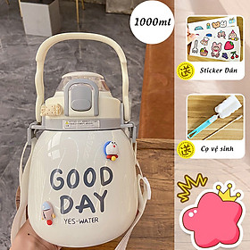 Bình Giữ Nhiệt Inox 316 Có Ống Hút 1000ml Béo Tròn Cute Kèm Dây Đeo Cho Bạn Nữ Tặng Sticker Dễ Thương