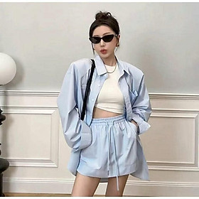 Bộ Áo sơ mi dài tay và chân váy ngắn dáng dài oversize màu xanh da trời cho nữ
