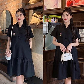 Đầm Bầu Công Sở Cổ Sơ Mi Phối Túi Thêu Phom Đuôi Cá Dễ Thương - Đen