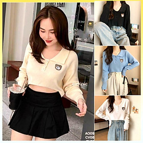 Áo len nữ Montoghi dệt kim cổ bẻ TAY DÀI dáng CROPTOP thêu logo GẤU phong cách Hàn Quốc xinh xắn
