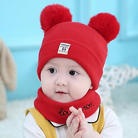 Nón len, mũ len vải len tăm có hai quả bông mềm mịn kèm khăn ống quàng cổ giữ ấm cho bé từ 0-2.5 tuổi(CJ)