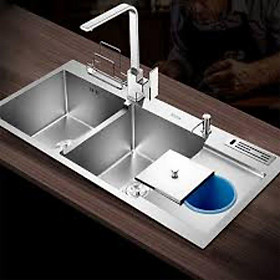 Chậu Rửa chén 2 hộc có hố rác,gác thớt,cài d.ao INOX SUS 304 cao cấp C10048.Tặng kèm bộ xả chống hôi