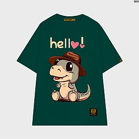 Áo thun tay lỡ áo phông trơn nam nữ unisex hình khủng long đội nón Hello vui nhộn