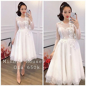 Đầm xoè dự tiệc công chúa ren mi phối hoa nổi kết cườm - size M/L đi biển dự tiệc dạo phố bigsize