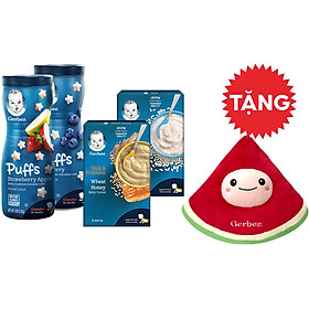 Combo 4 Bột Ăn Dặm Gerber Bột Gạo Và Lúa Mì Mật Ong + Bánh Ăn Dặm Gerber Dâu Táo Và Việt Quất Tặng 1 Gối Ôm Dưa Hấu