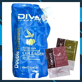 Kem ủ tóc siêu mượt Collagen DIVA Cosmetics Double Treatment 500ml + Cặp gội xả gói Karseell Maca 15mlx2