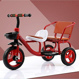 Xe đạp xích lô 3 bánh 2 ghế ngồi bọc da cao cấp cho bé - Đỏ
