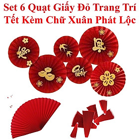 Set 6 Quạt Giấy Đỏ Trang Trí Tết Kèm Chữ Xuân Phát Lộc