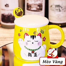 Cốc Sứ Uống Nước Mèo Thần Tài Chiêu May Mắn - Ly Uống Cafe Có Nắp , Văn Phòng, Quà Tặng Tân Gia