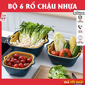 Mua Set Rổ 6 Món Gồm 3 Rổ 3 Chậu - Bộ Rổ Nhựa Vuông 6 Món Kèm Chậu Ráo Nước Hai Lớp Cao Cấp