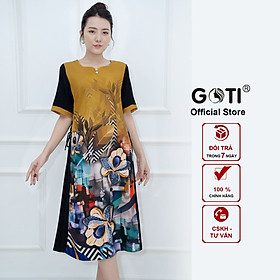 GOTI Đầm Dáng Suông Trung Niên Kiểu Đầm Dự Tiệc Phối Màu In Hoa Lá Tặng Mẹ U50 U60 3336