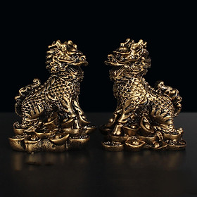 1 Pair Kylin Beast Statue Figure for Wealth Lucky Office Tabletop Ornaments Gold
